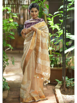 Shobitam - Gold Light Mirror Work Tissue Linen Saree with Unstitched Blouse