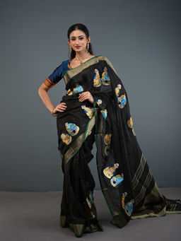 Shobitam - Black Golu Dolls Embroidery Pure Linen Saree with Unstitched Blouse