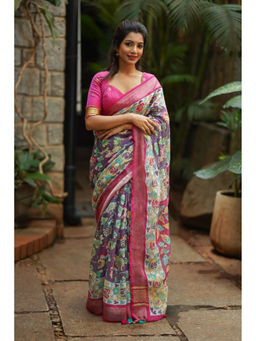 Shobitam - Kalamkari Distressed Print Linen Saree with Unstitched Blouse