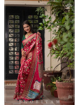 Shobitam - Dark Pink Pichwai Digital Print Linen Saree with Unstitched Blouse