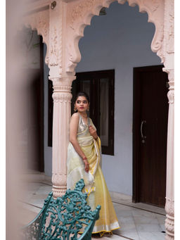 Shobitam - Yellow Ombre Tissue Linen Saree with Unstitched Blouse