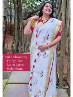 Shobitam - White Goddess Durga Motif Linen Saree with Unstitched Blouse