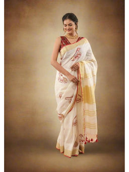 Shobitam - White Musical Instruments Embroidery Linen Saree with Unstitched Blouse