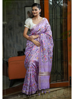 Shobitam - Lavender Floral Jaal Embroidery Silk Linen Saree with Unstitched Blouse