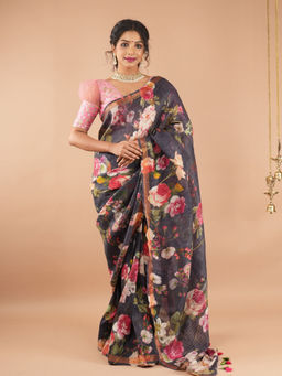 Shobitam - Black Floral Digital Print Silk Linen Saree with Unstitched Blouse