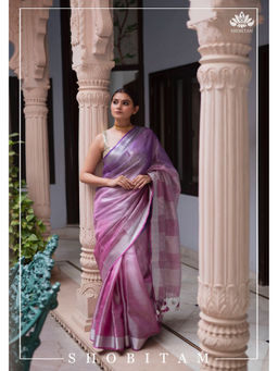 Shobitam - Purple Ombre Tissue Linen Saree with Unstitched Blouse with Unstitched