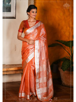 Shobitam - Burnt Orange Silver Tissue Linen Saree with Unstitched Blouse
