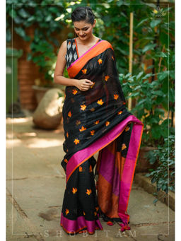 Shobitam - Black Fall Leaves Embroidery Linen Saree with Unstitched Blouse