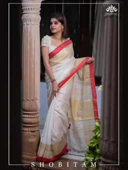 Shobitam - Ivory Zari Lal Paar Linen Saree with Unstitched Blouse with Unstitched