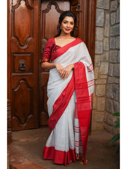 Shobitam - White Thread Butta Linen Saree with Unstitched Blouse