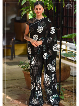 Shobitam - Black Rose Sequin Georgette Saree with Unstitched Blouse