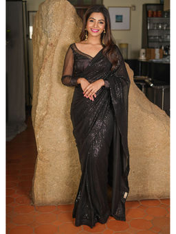 Shobitam - Black Net Sequin Saree with Unstitched Blouse