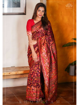 Shobitam - Maroon Kani Floral Jaal Saree with Unstitched Blouse