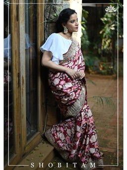 Shobitam - Maroon Floral Print Gajji Silk Saree with Unstitched Blouse