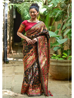 Shobitam - Black Floral Jaal Rayon Saree with Unstitched Blouse