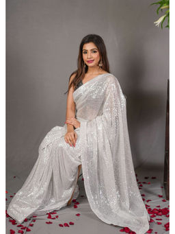 Shobitam - White Net Sequin Saree with Unstitched Blouse
