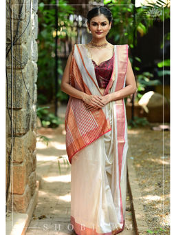 Shobitam - Off White Soft Tissue Stripe Maheshwari Saree with Unstitched Blouse