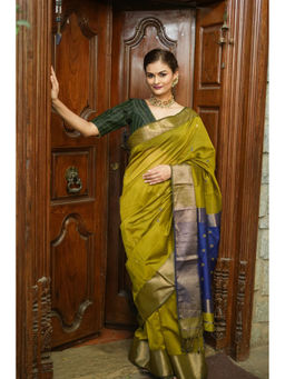 Shobitam - Moss Green Zari Border Maheshwari Silk Cotton Saree with Unstitched Blouse