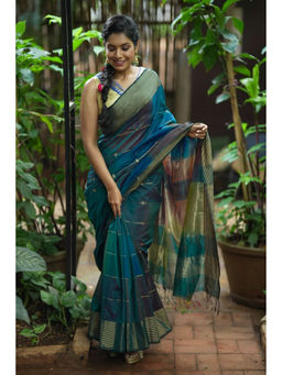 Shobitam - Teal Zari Stripe Maheshwari Silk Cotton Saree with Unstitched Blouse