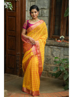 Shobitam - Yellow Checks Maheshwari Silk Cotton Saree with Unstitched Blouse