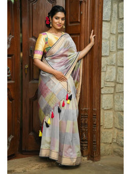 Shobitam - Grey Ombre Maheshwari Silk Cotton Saree with Unstitched Blouse