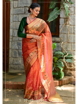 Shobitam - Mustard Minakaris Border Chanderi Silk Saree with Unstitched Blouse