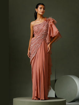 "Two Sisters" by Gyans - Women Dusky Pink Organza Drape Saree with Stitched Blouse