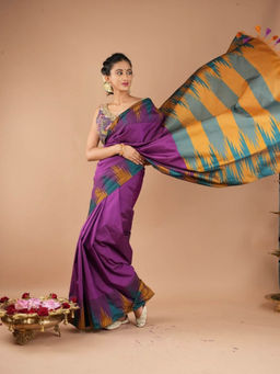 Shobitam - Purple Temple Border Art Silk Saree with Unstitched Blouse