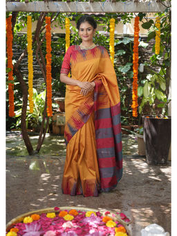 Shobitam - Mustard Temple Border Art Silk Saree with Unstitched Blouse