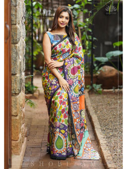 Shobitam - Chennuri Silk Radha Krishna Kalamkari Saree with Unstitched Blouse