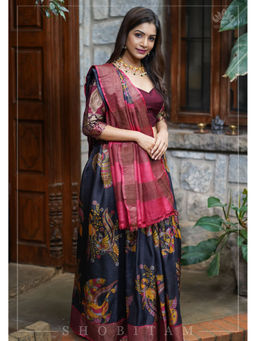 Shobitam - Black Kalamkari Digital Print Jari Tussar Silk Saree with Unstitched Blouse