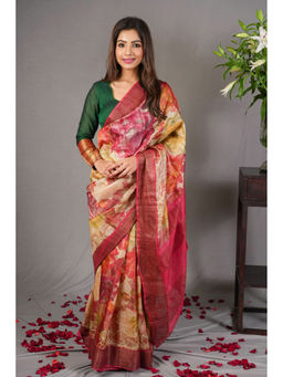 Shobitam - Beige Floral Digital Print Jari Tussar Silk Saree with Unstitched Blouse