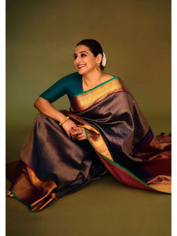 Shobitam - Prussian Blue Gold Brocade Gadwal Silk Saree with Unstitched Blouse