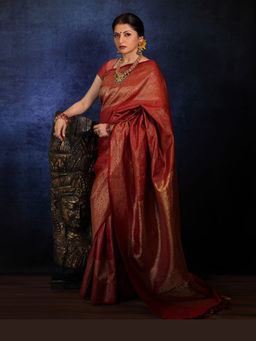 Shobitam - Maroon Podi Kattam Zari Checks Gadwal Silk Saree with Unstitched Blouse