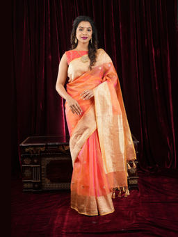 Shobitam - Orange Kadhuwa Banarasi Kora Silk Organza Saree with Unstitched Blouse