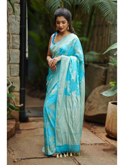 Shobitam - Blue Rose Jaal Banarasi Georgette Silk Saree with Unstitched Blouse