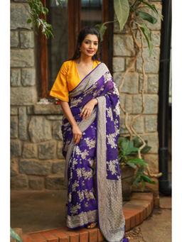 Shobitam - Purple Floral Jaal Banarasi Georgette Silk Saree with Unstitched Blouse