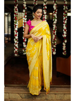 Shobitam - Yellow Rose Jaal Banarasi Georgette Silk Saree with Unstitched Blouse