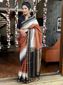 Shobitam - Multicolour Checks Kanjeevaram Saree with Unstitched Blouse