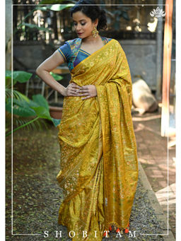 Shobitam - Pale Mustard Banarasi Satin Silk Saree with Unstitched Blouse