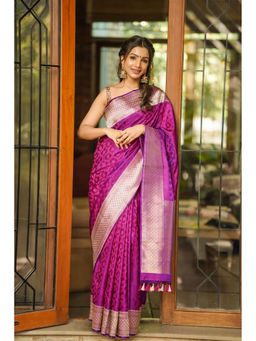Shobitam - Purple Tanchoi Floral Banarasi Satin Silk Saree with Unstitched Blouse