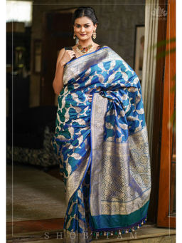 Shobitam - Peacock Blue Dual Tone Banarasi Katan Silk Saree with Unstitched Blouse