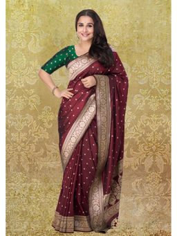 Shobitam - Garnet Chunri Butti Banarasi Katan Silk Saree with Unstitched Blouse