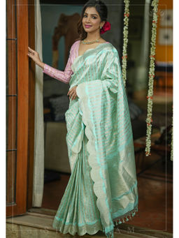 Shobitam - Pastel Green Banarasi Katan Silk Saree with Unstitched Blouse