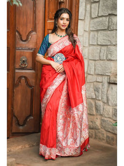 Shobitam - Passion Red Minakaris Paisley Banarasi Silk Saree with Unstitched Blouse