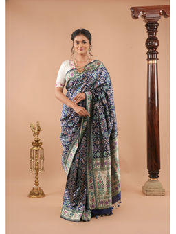 Shobitam - Blue Patola Minakaris Banarasi Katan Silk Saree with Unstitched Blouse