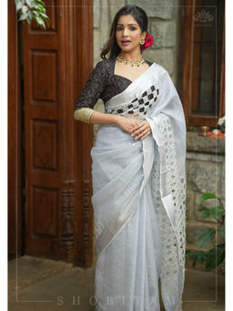Shobitam - White Cutwork Mirrorwork Tissue Linen Saree with Unstitched Blouse