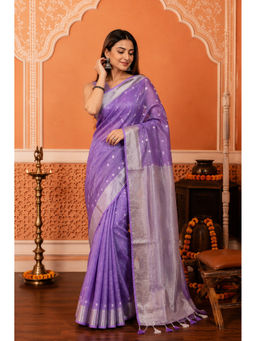 Shobitam - Lavender Tissue Linen Zari Border Saree with Unstitched Blouse