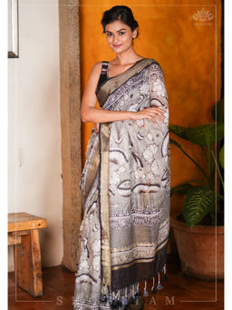 Shobitam - Gray Pichwai Digital Print Pure Linen Saree with Unstitched Blouse