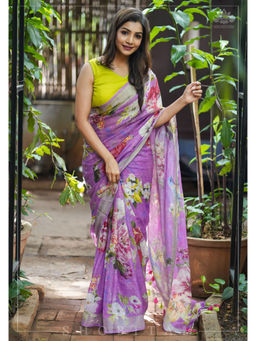 Shobitam - Periwinkle Floral Digital Print Linen Saree with Unstitched Blouse